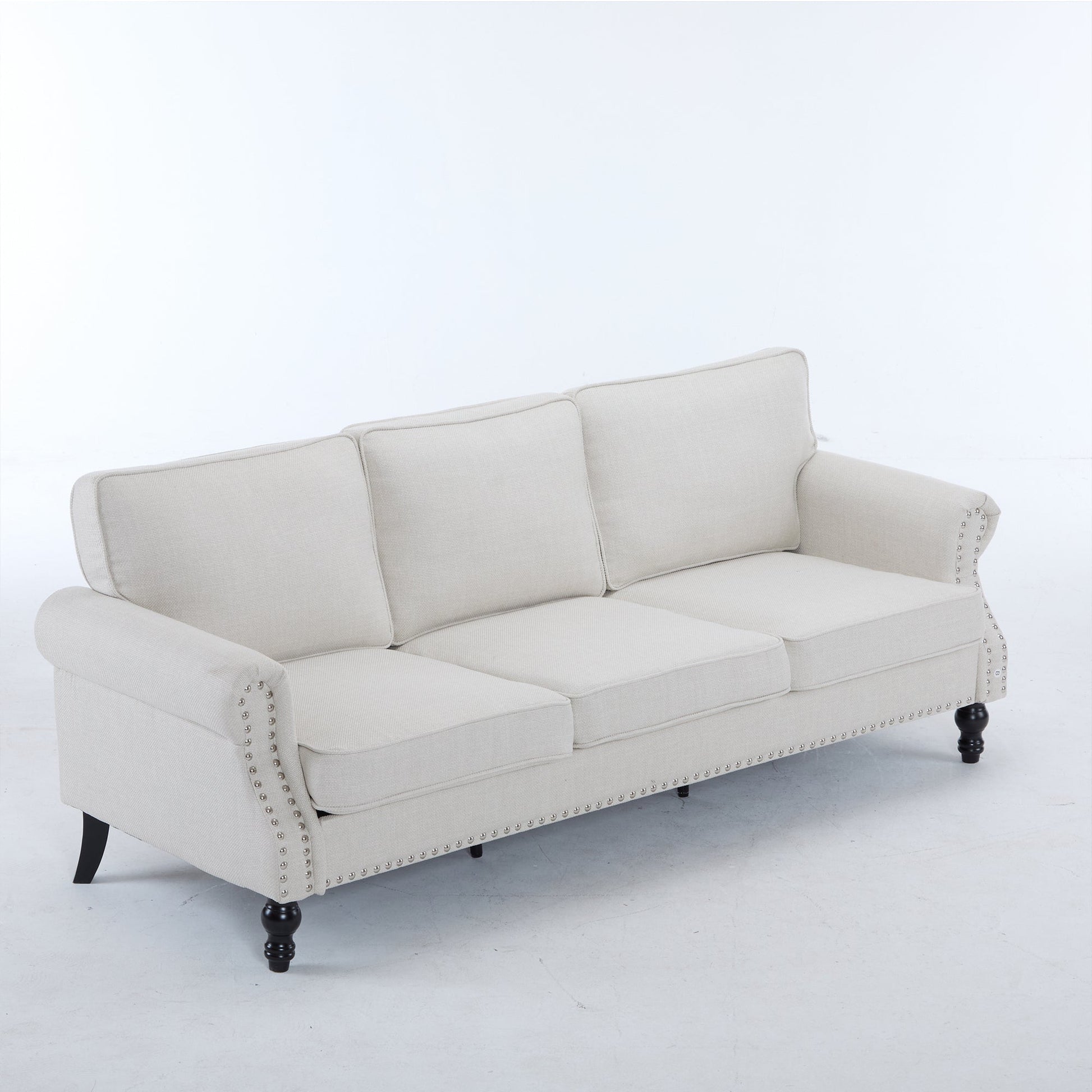 83 Inch Faux Leather Rolled-Arm Sofa with nailhead trim, beige upholstery, HouseOfZazla on Tampa Home & Garden Store