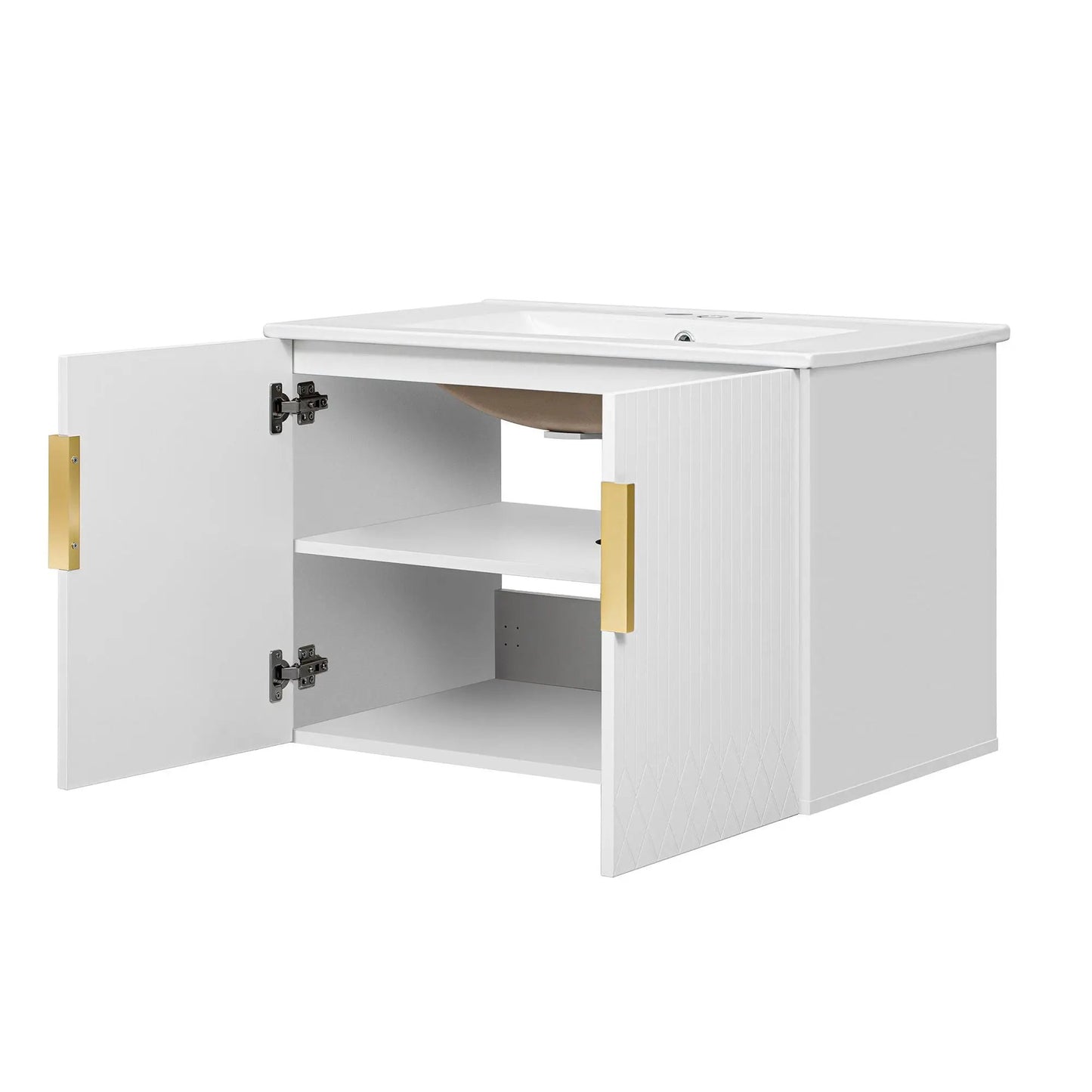 Bathroom vanity with sink, rectangular cabinet, 2 soft closing doors, gold handles on Tampa Home & Garden Store