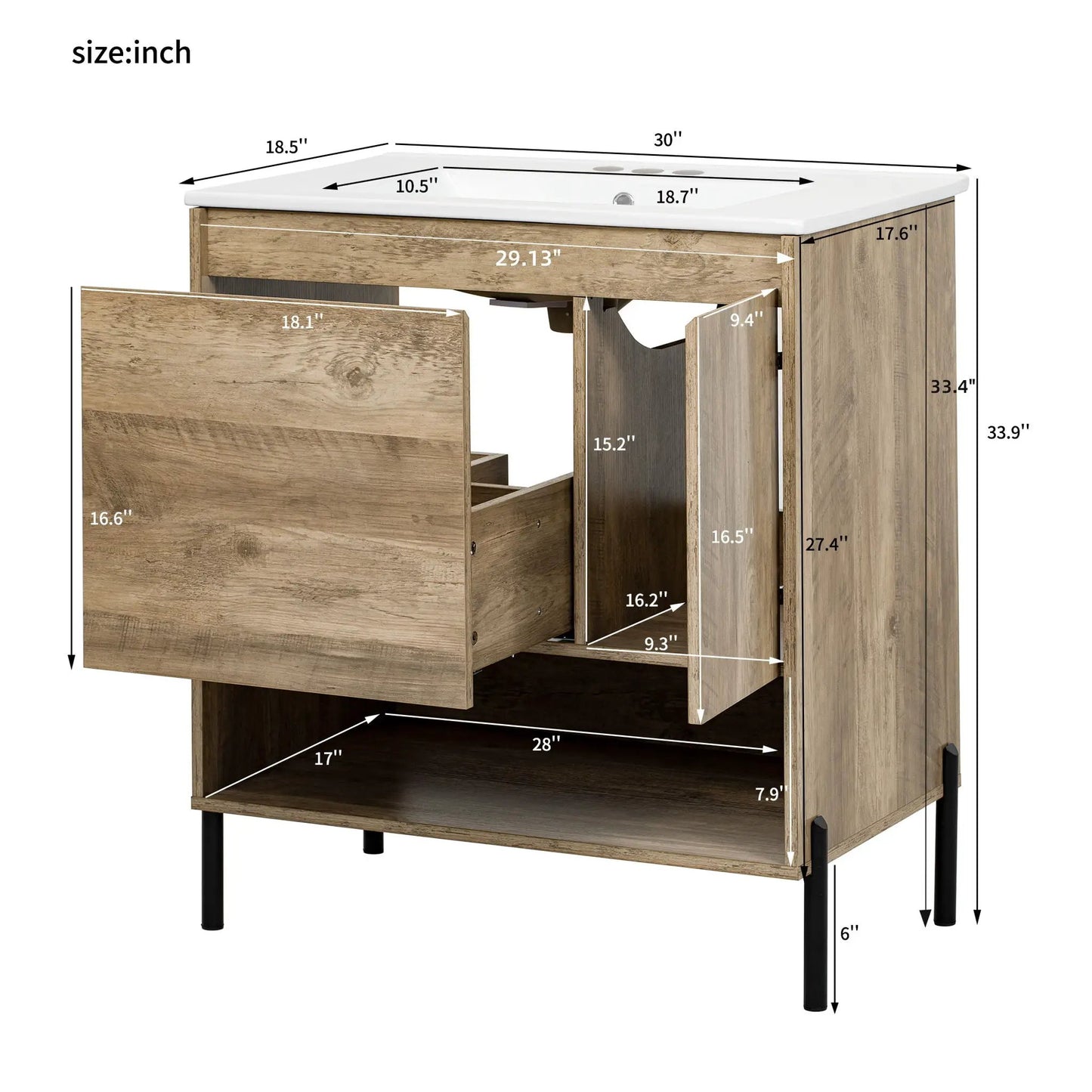Bathroom Vanity Cabinet with Sink and Open Shelf