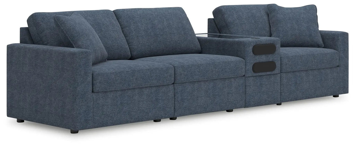 Modmax Sectional Ink blue fabric with built-in console and cup holders on Tampa Home & Garden Store
