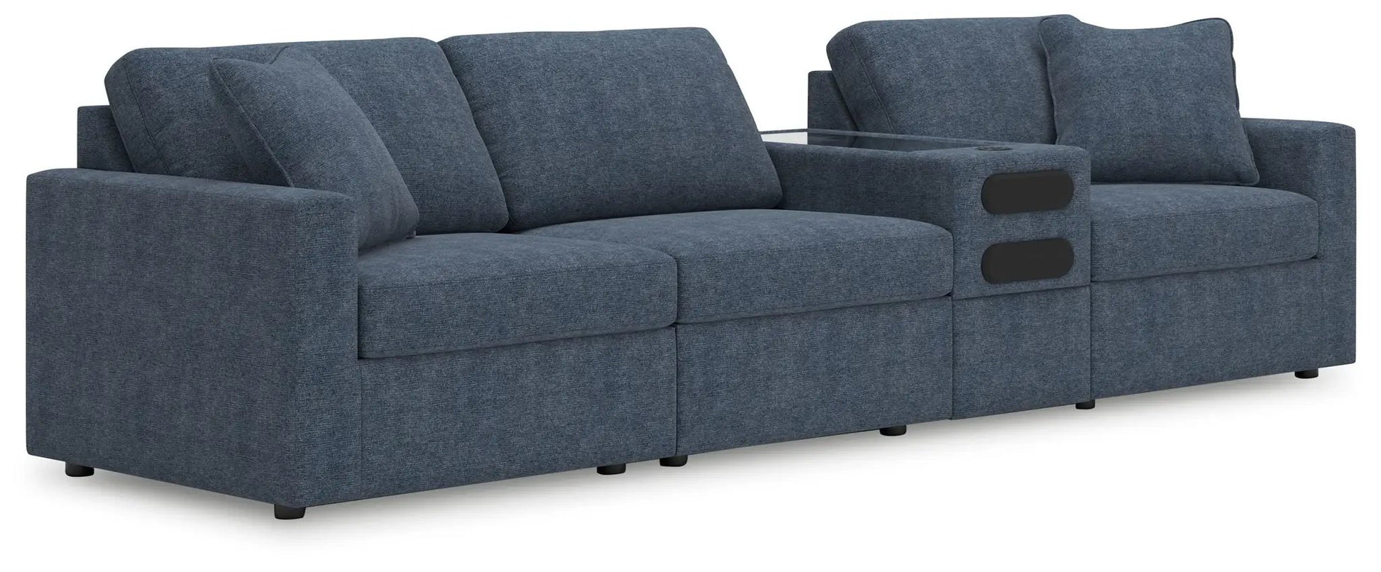 Modmax Sectional Ink blue fabric with built-in console and cup holders on Tampa Home & Garden Store