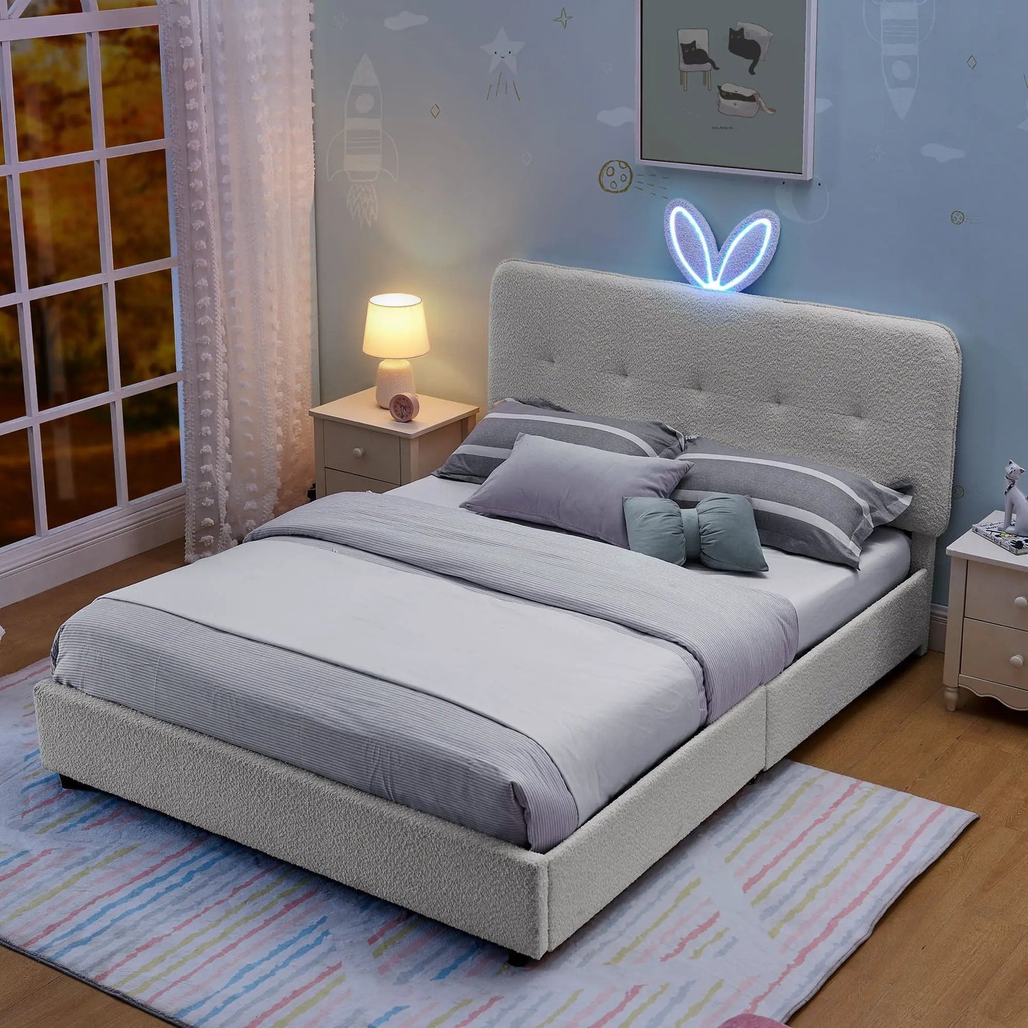 Upholstered Bed with Rabbit Ear Headboard and LED