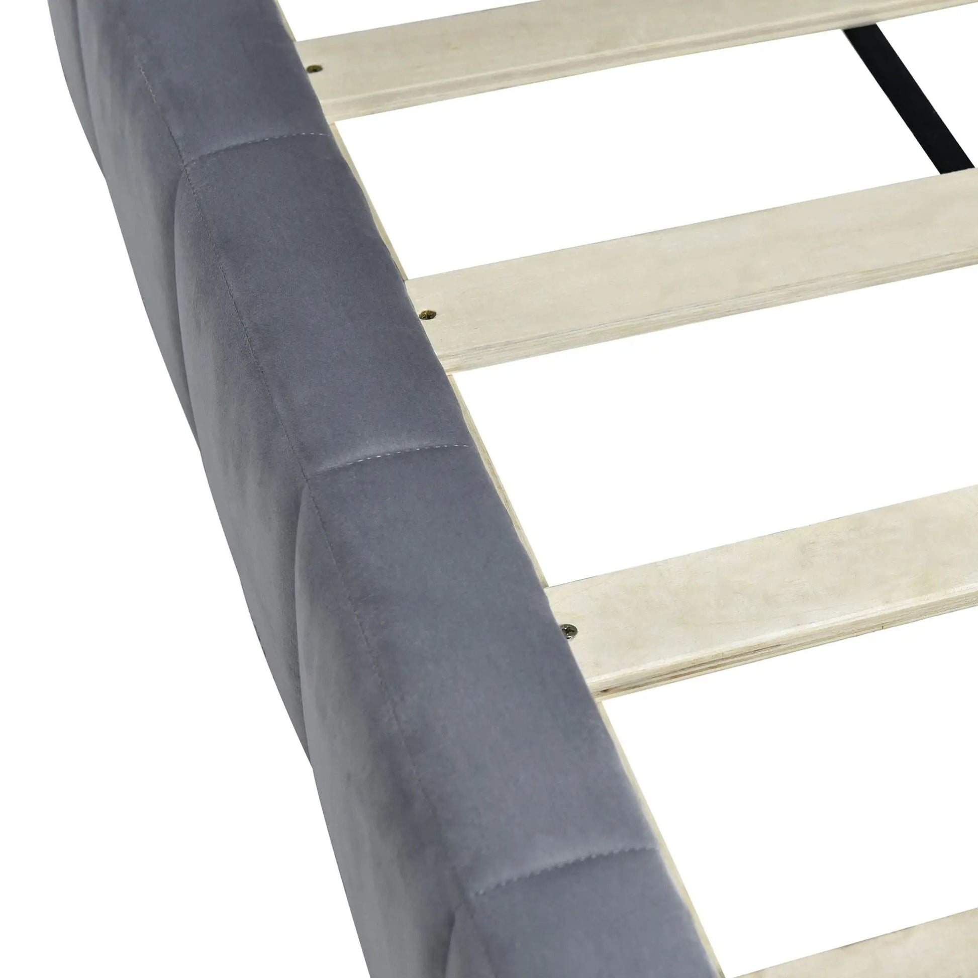 Full-size upholstered gray daybed frame with light wood slats and black strap on Tampa Home & Garden Store