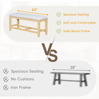 Artisanal Extendable Solid Wood Dining Set with Bench, light wood frame, gray cushion on Tampa Home & Garden Store