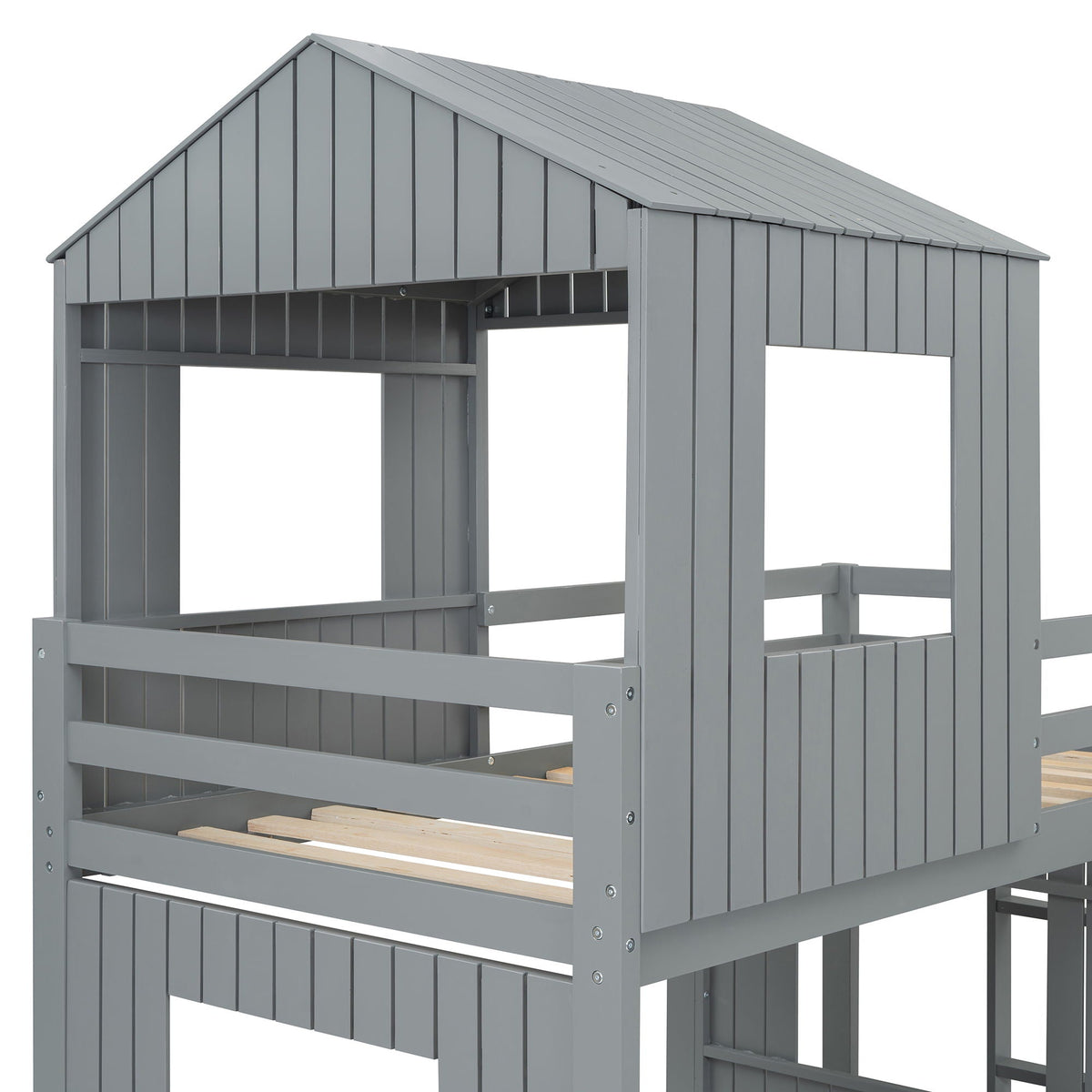Loft bunk bed with playhouse in gray farmhouse style with ladder and guardrails on Tampa Home & Garden Store