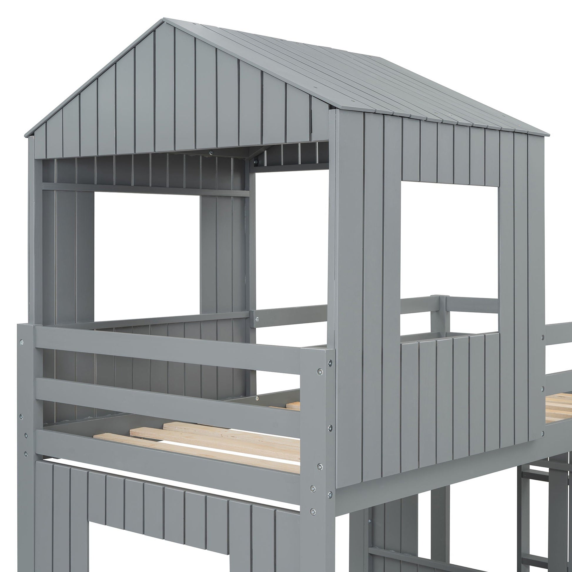 Loft bunk bed with playhouse in gray farmhouse style with ladder and guardrails on Tampa Home & Garden Store