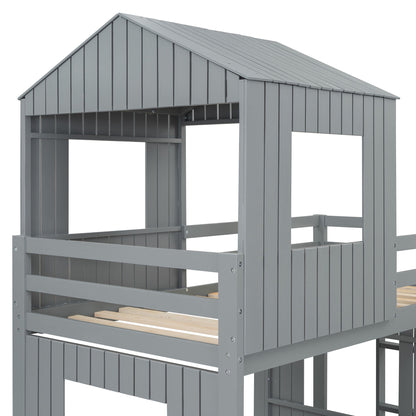 Loft bunk bed with playhouse in gray farmhouse style with ladder and guardrails on Tampa Home & Garden Store