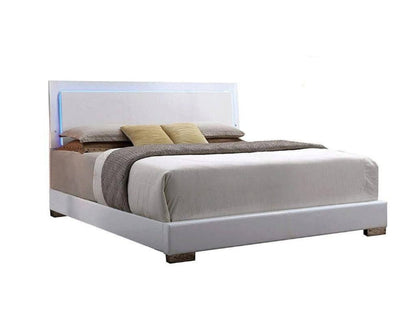 Lorimar White Faux Leather Panel Bed with LED blue-lit headboard and white platform frame on Tampa Home & Garden Store