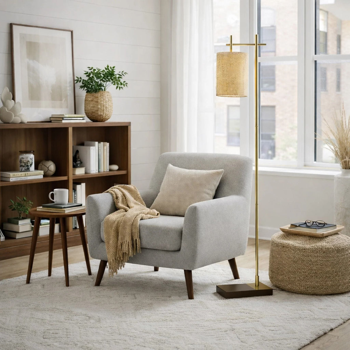 Brizo tall corner floor lamp gold with woven drum shade by HouseOfZazla on Tampa Home & Garden Store