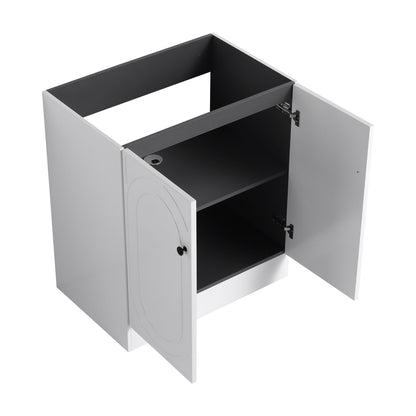 Freestanding white bathroom vanity cabinet with two doors open to reveal dark interior shelving on Tampa Home & Garden Store