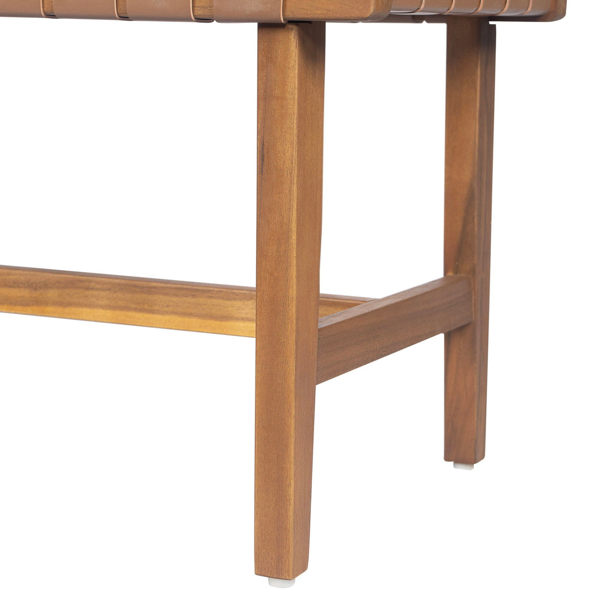Acacia Wood Bedroom Bench by HouseOfZazla with woven PU leather seat in warm teak finish on Tampa Home & Garden Store