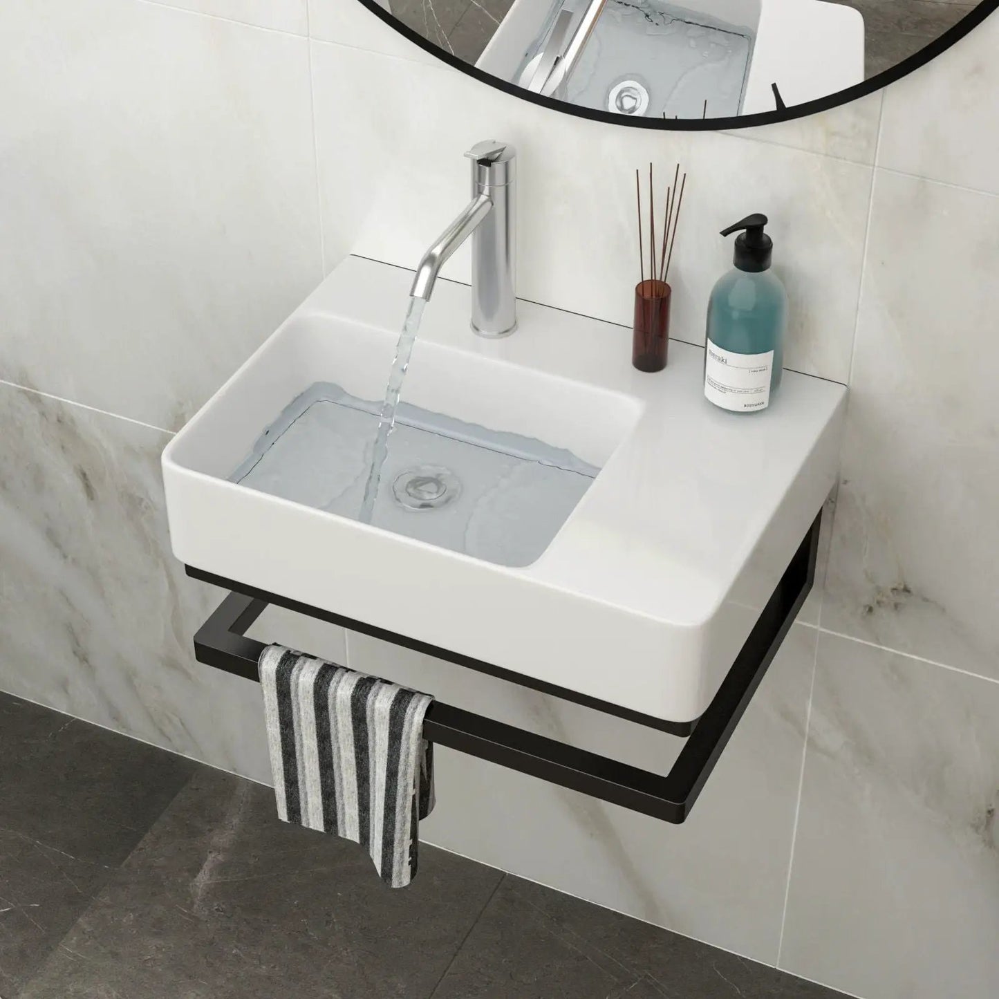 Wall Mount Sink Towel Bar Faucet Hole White