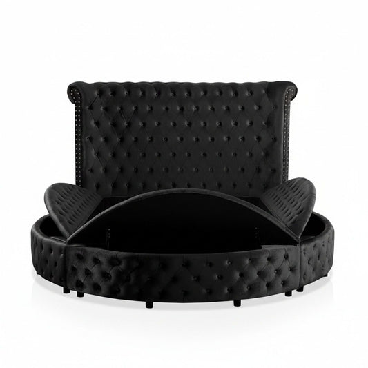 Glam Button Tufted Wingback Round Bed with Storage in black velvet, USB ports, nailhead trim on Tampa Home & Garden Store