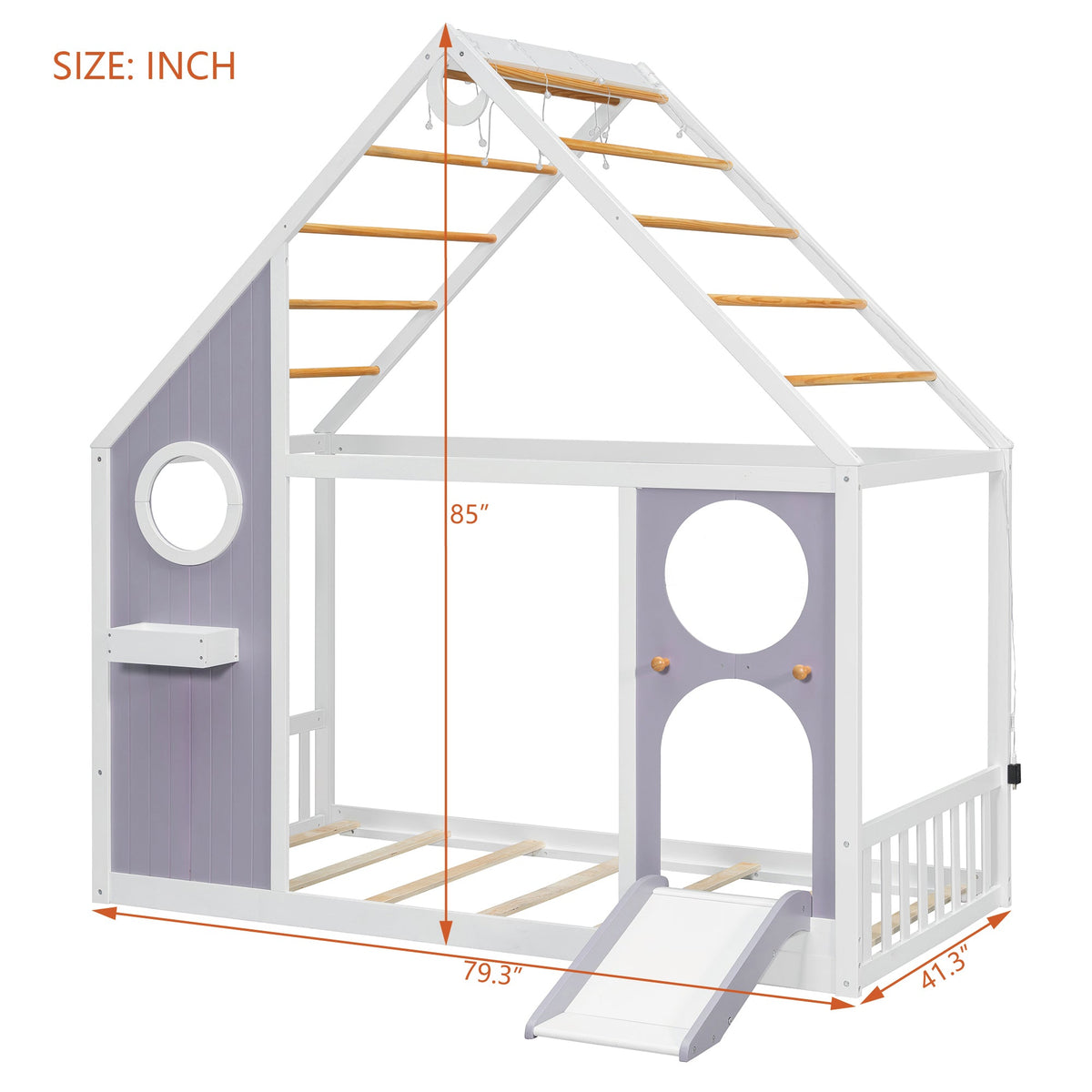 Twin House Bed with Slide and Light Strip by HouseOfZazla, white frame with purple panels and ladder rungs on Tampa Home & Garden Store
