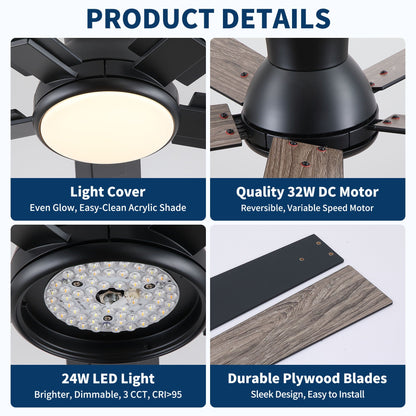 Ceiling Fan by HouseOfZazla: Low-Profile Flush Mount LED with wood blades and light (2 views) on Tampa Home & Garden Store