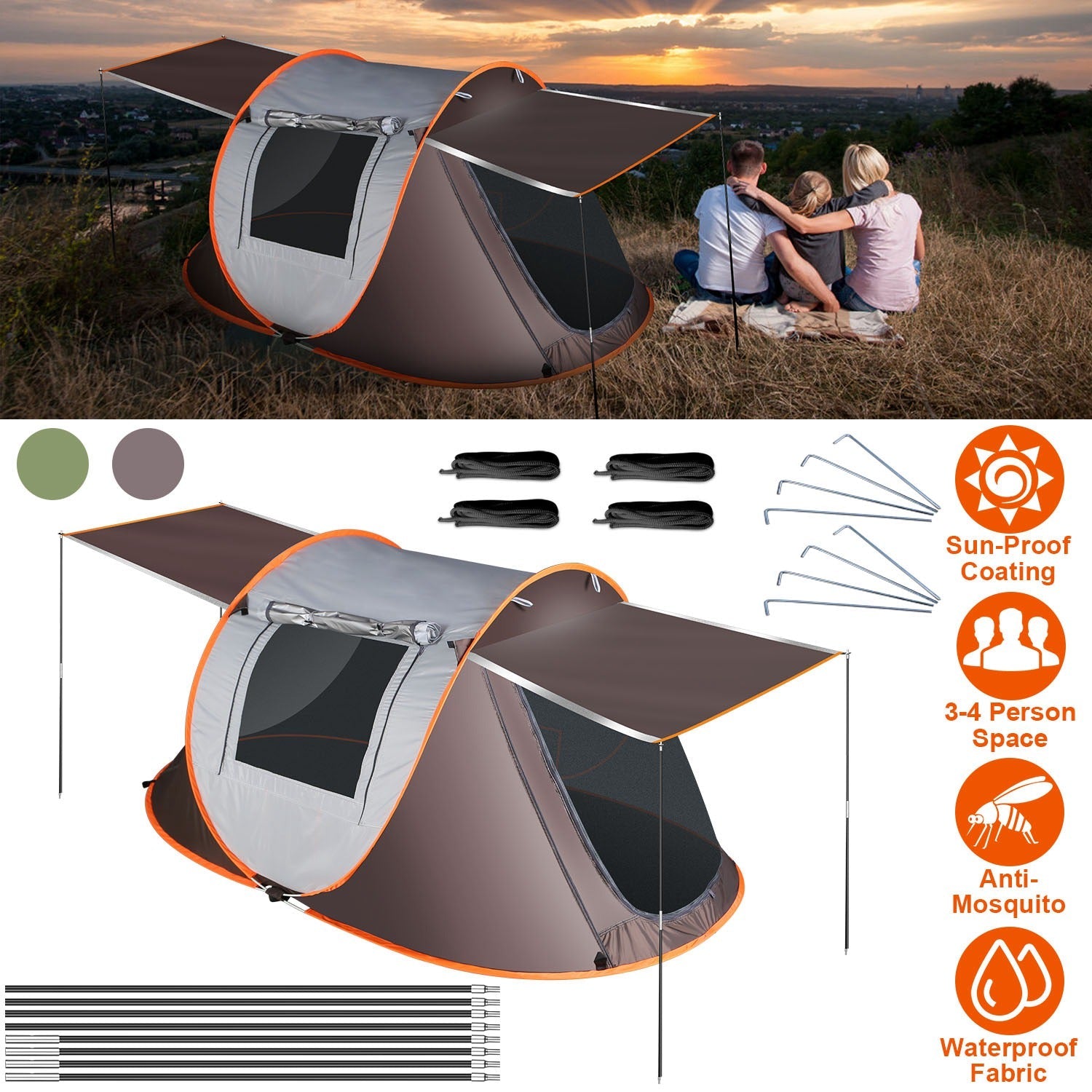 GemGear 3-4 Person Pop-Up Tent with automatic setup, waterproof fabric, mosquito nets on Tampa Home & Garden Store