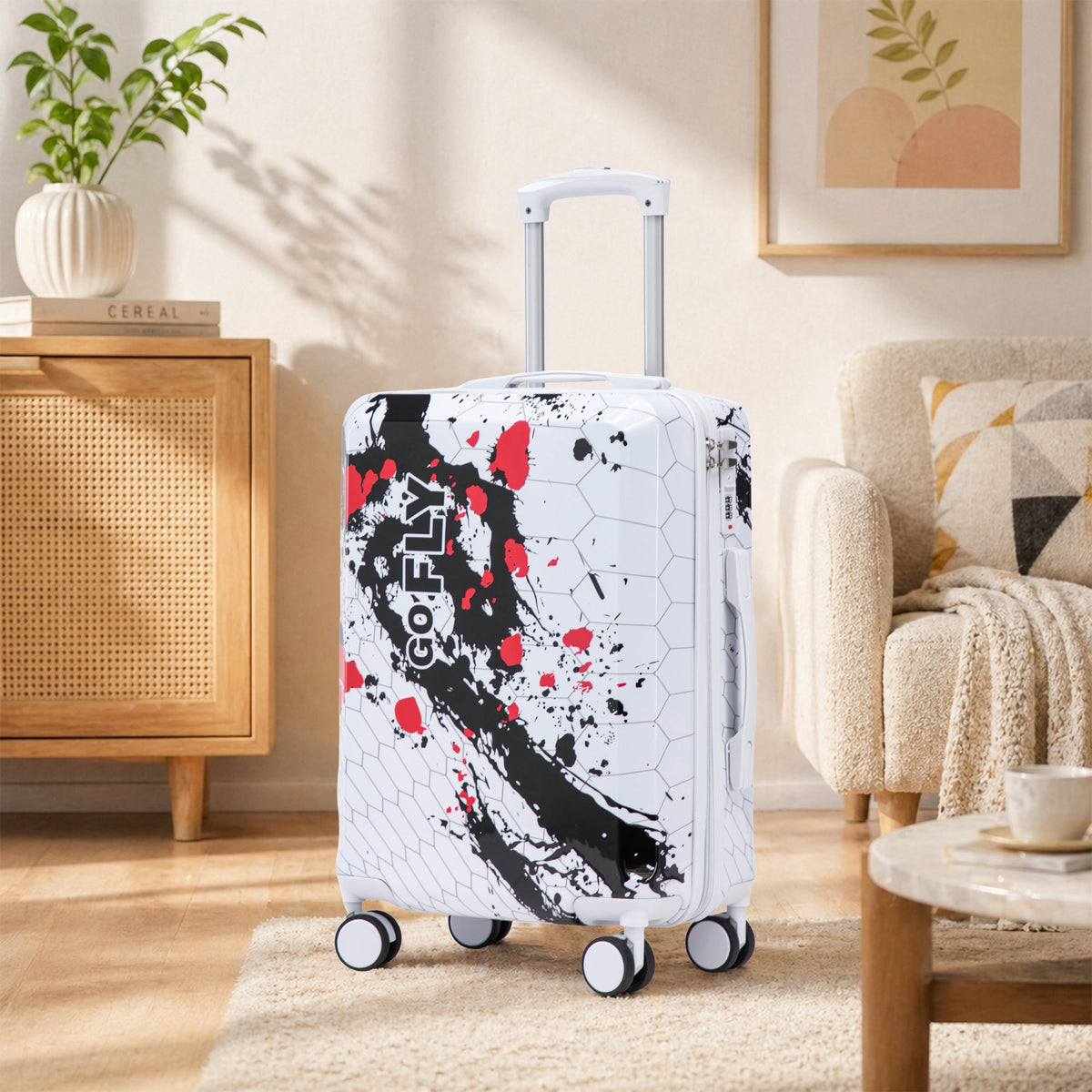 20 Inch PC Spinner Luggage with Combination Lock pastel white black splash by HouseOfZazla on Tampa Home & Garden Store