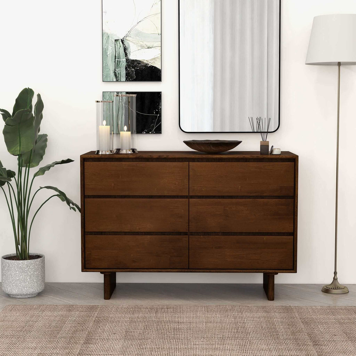 Brown mid-century solid wood dresser with six drawers for bedroom storage on Tampa Home & Garden Store