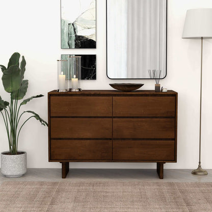 Brown mid-century solid wood dresser with six drawers for bedroom storage on Tampa Home & Garden Store
