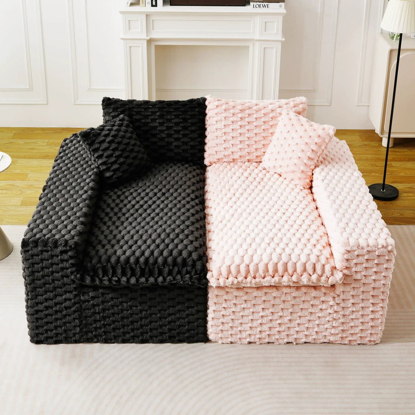 Multifunctional sofa with pink and black chunky knit covers, seats 4, stationary design on Tampa Home & Garden Store
