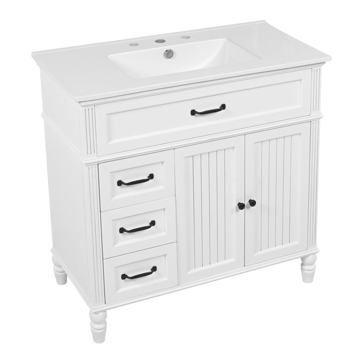 White freestanding bathroom vanity by HouseOfZazla with sink, solid wood cabinet, left drawers, right doors on Tampa Home & Garden Store
