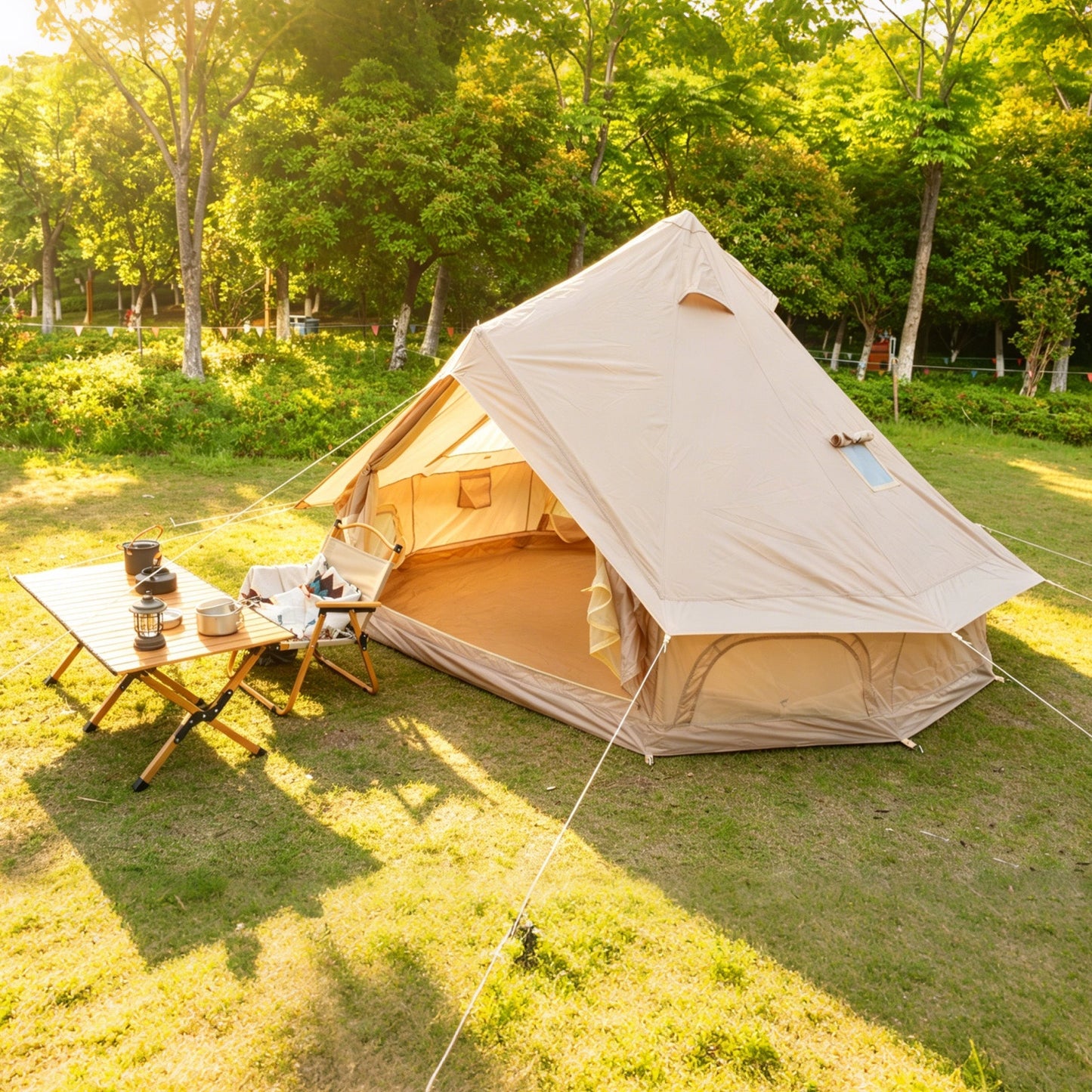Oxford Bell Tent 13.1ft GemGear canvas tent in beige, pitched at a sunny campsite on Tampa Home & Garden Store