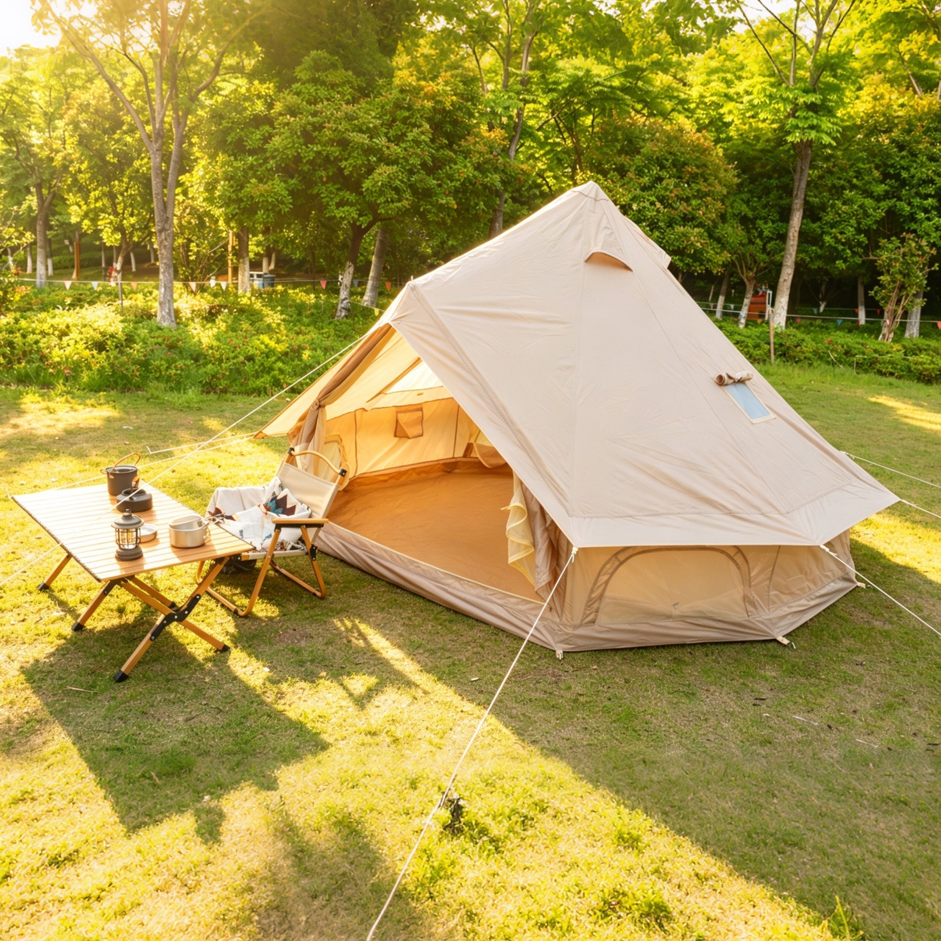 Oxford Bell Tent 13.1ft GemGear canvas tent in beige, pitched at a sunny campsite on Tampa Home & Garden Store