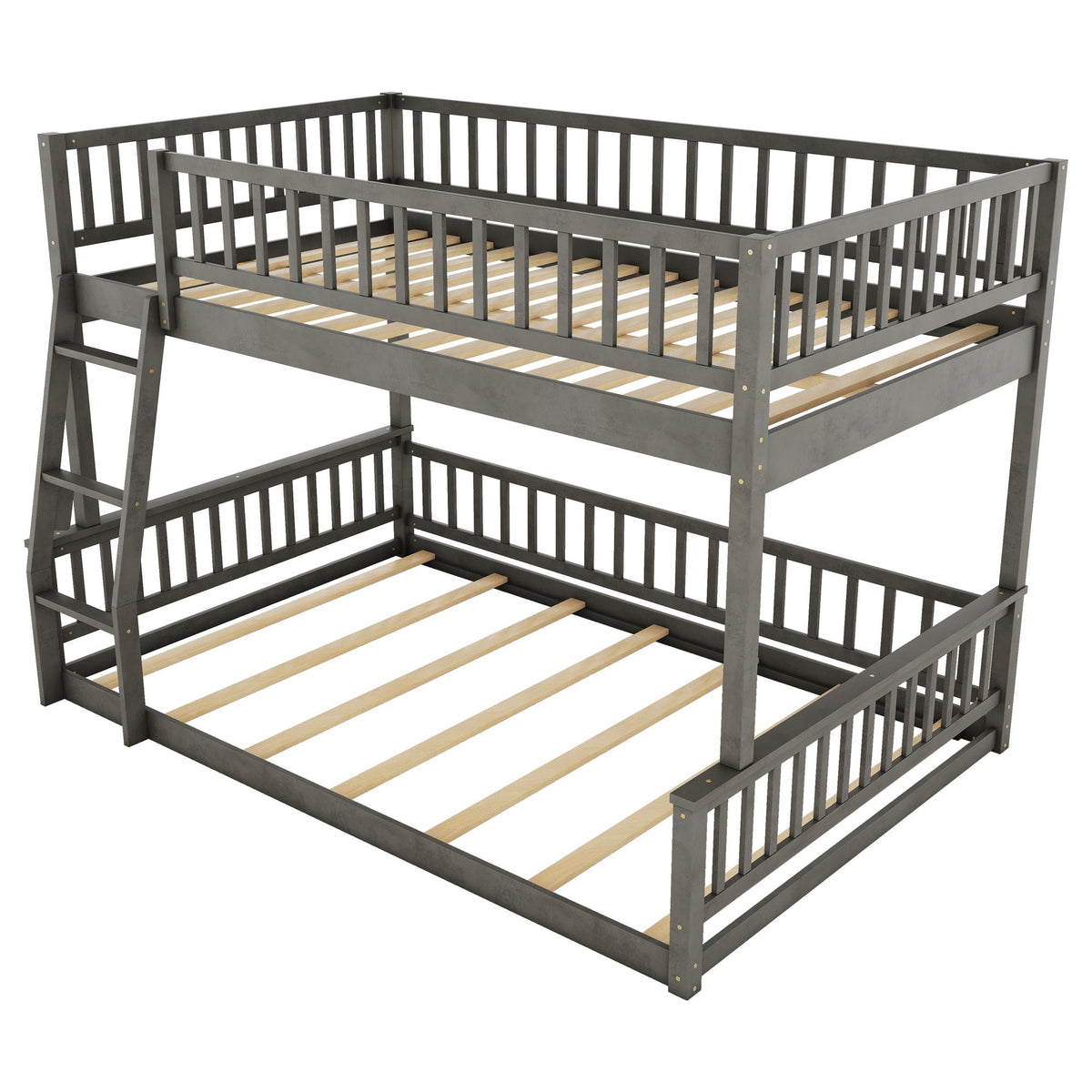 Gray bunk bed with ladder and guard rails, twin over twin bed frame with wood slat supports on Tampa Home & Garden Store