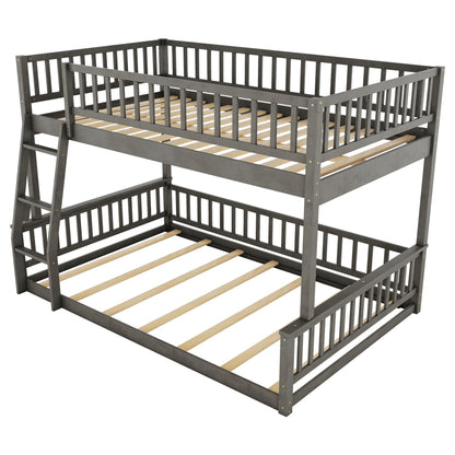 Gray bunk bed with ladder and guard rails, twin over twin bed frame with wood slat supports on Tampa Home & Garden Store