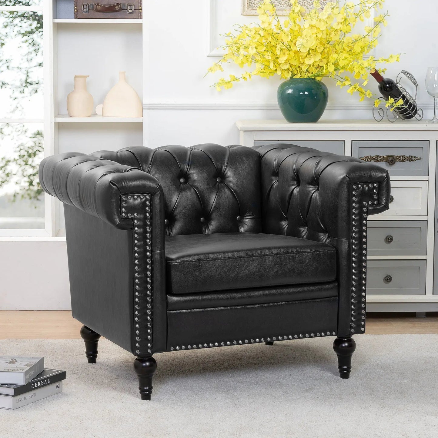 1 Seater Sofa black leather tufted with nailhead trim Unique Piece Furniture on Tampa Home & Garden Store
