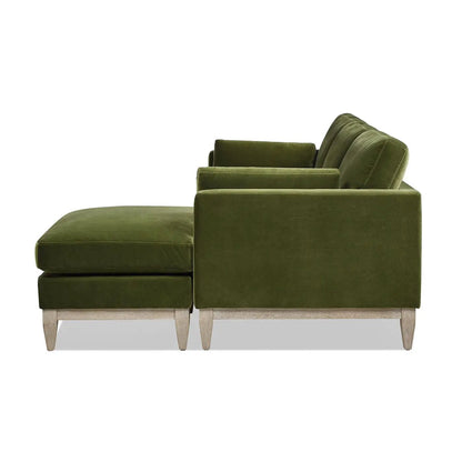 Knox Modern Farmhouse Reversible Chaise Sectional Sofa olive green velvet with light wood legs left-side chaise on Tampa Home & Garden Store