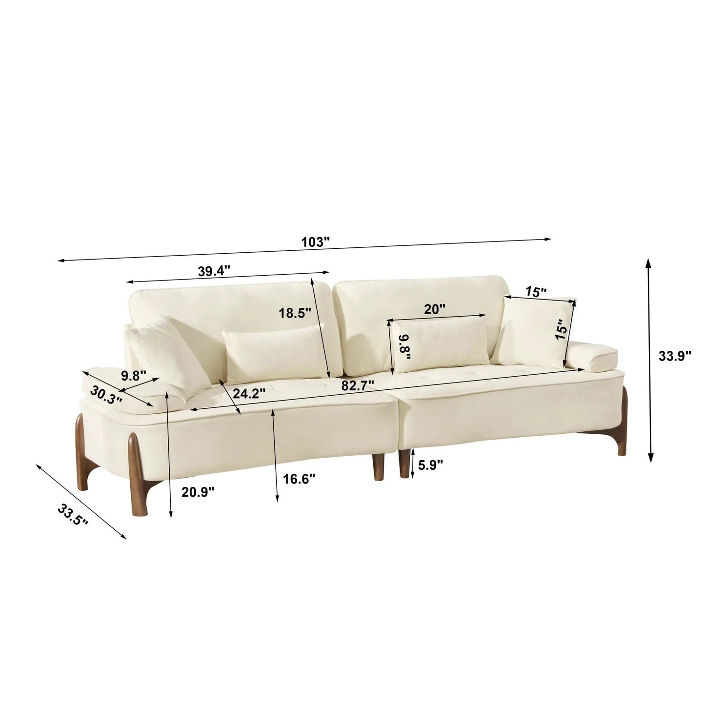 Comfortable deep seated beige stationary sofa with pillows, 103 in long, Unique Piece Furniture on Tampa Home & Garden Store