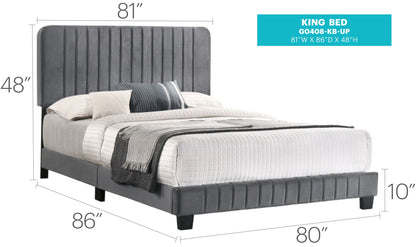 King bed with gray channel-tufted upholstered headboard and low-profile frame on Tampa Home & Garden Store