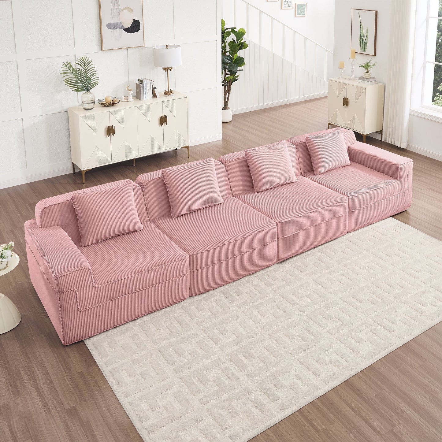 Modular 4-seat boneless pink corduroy sofa cloud sectional in a bright living room on Tampa Home & Garden Store