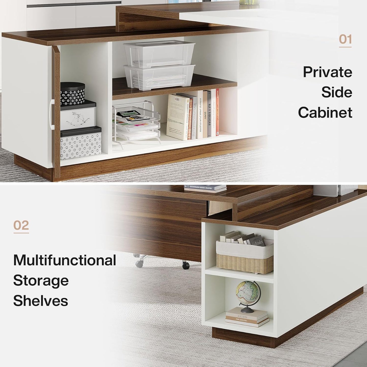 L-Shaped Executive Desk White/Walnut with storage cabinet and shelves HouseOfZazla on Tampa Home & Garden Store