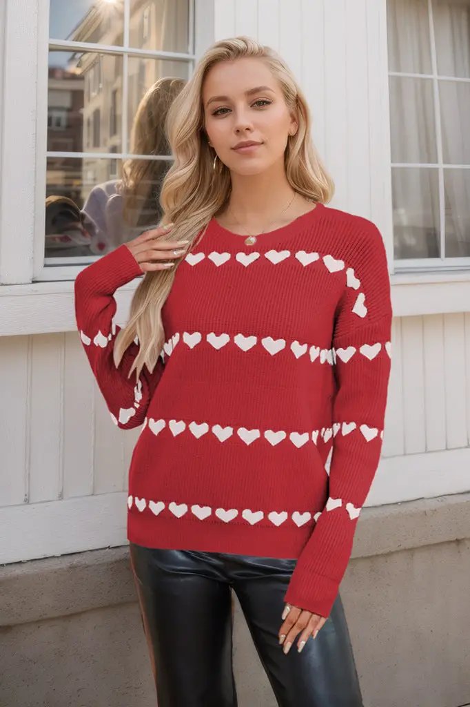 Valentine's Day Love Pullover knit sweater in red with white heart stripes, FLIPSTYLEZLLC on Tampa Home & Garden Store