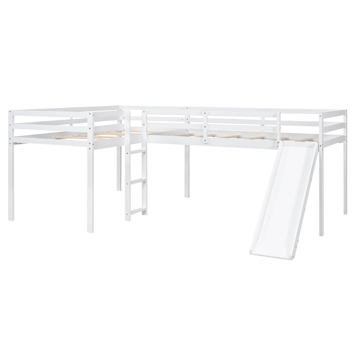 L-Shaped Loft Bed with Ladder and Slide, white wood frame, HouseOfZazla on Tampa Home & Garden Store