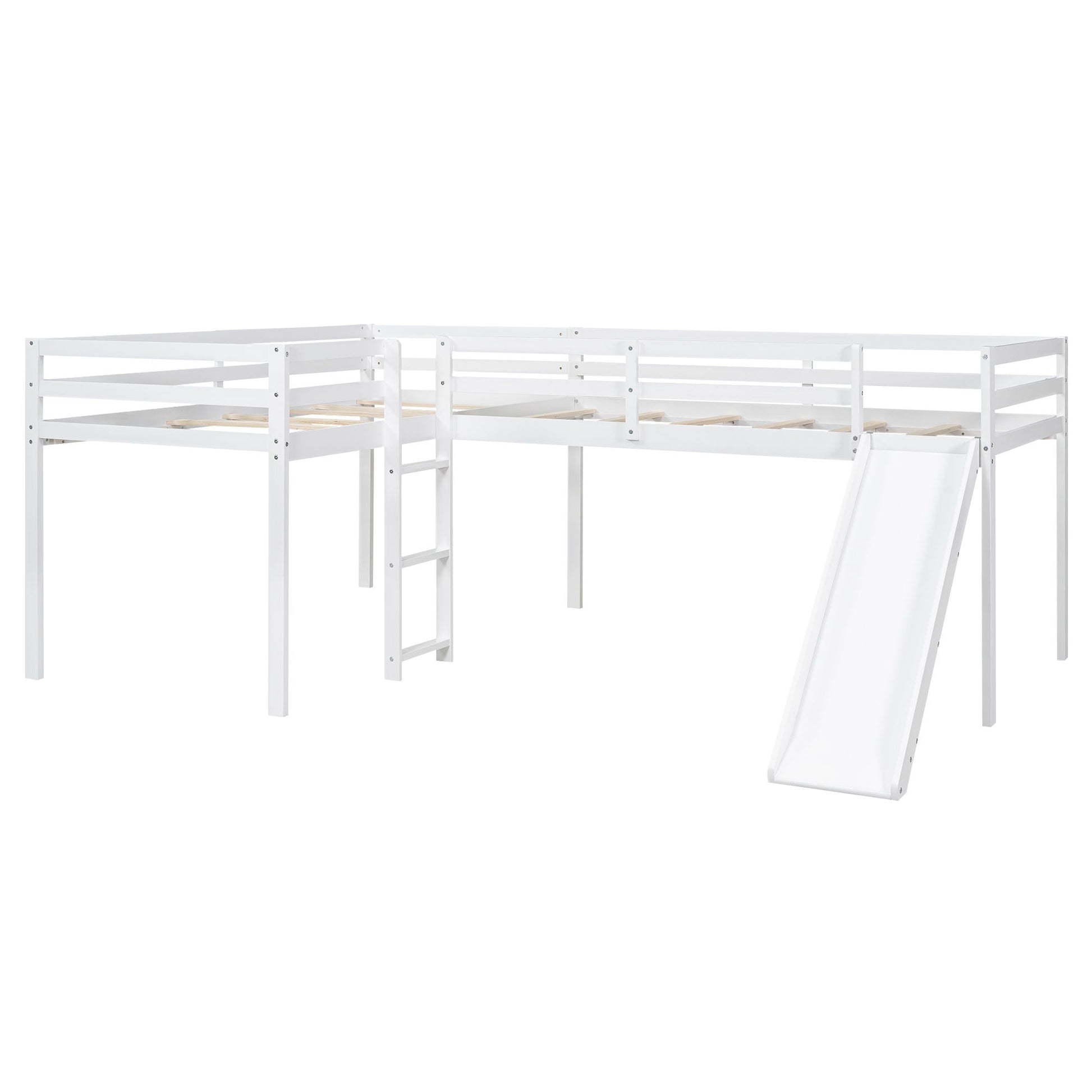 L-Shaped Loft Bed with Ladder and Slide, white wood frame, HouseOfZazla on Tampa Home & Garden Store