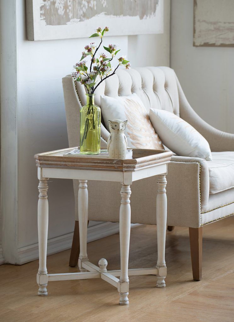 Narrow Alcott Side Table with fir wood top and white distressed base by HouseOfZazla on Tampa Home & Garden Store