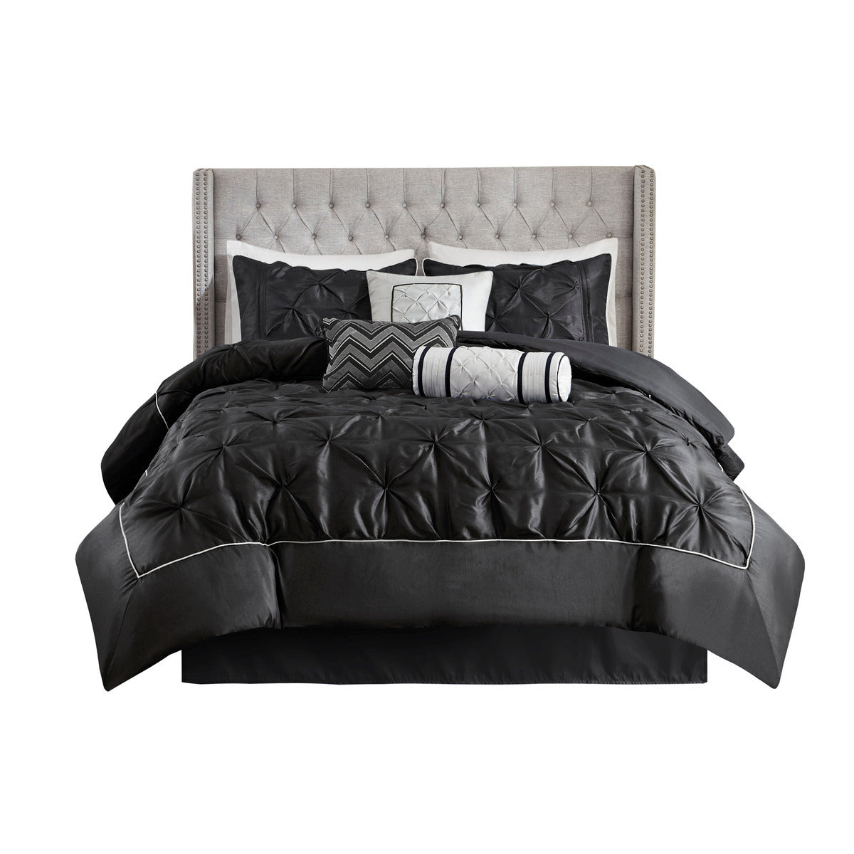 7 Piece Tufted Comforter Set in Black Cal King