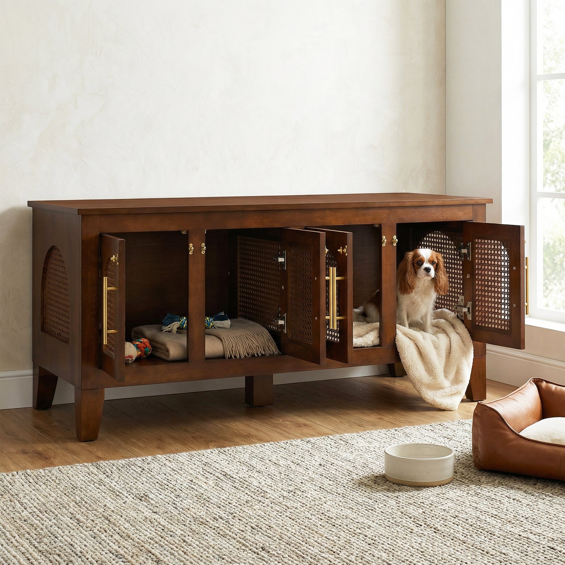 Lars indoor rubber wood dog crate cabinet with dark brown and rattan panels HouseOfZazla on Tampa Home & Garden Store