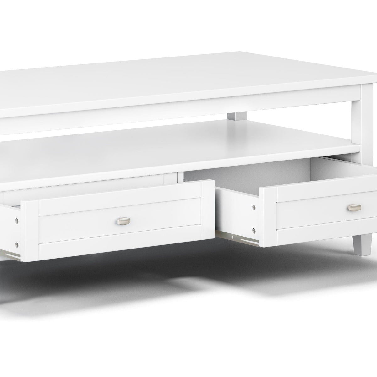 White shaker coffee table with a front drawer and lower shelf, metal knob hardware on Tampa Home & Garden Store