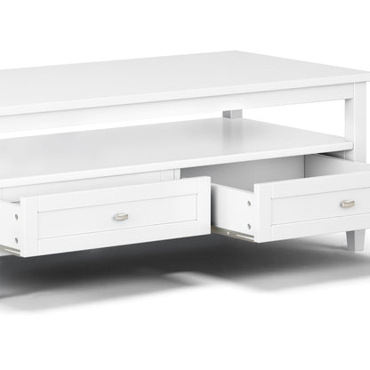 White shaker coffee table with a front drawer and lower shelf, metal knob hardware on Tampa Home & Garden Store