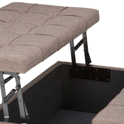 Harrison Tufted Lift Top and Storage Ottoman in taupe fabric with metal frame on Tampa Home & Garden Store