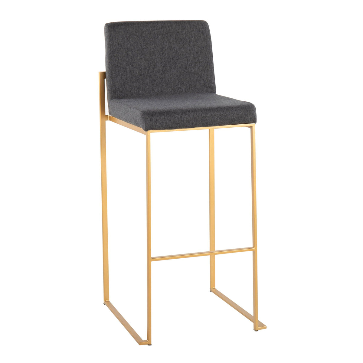 Contemporary high back barstool with dark gray upholstered seat and gold metal frame on Tampa Home & Garden Store