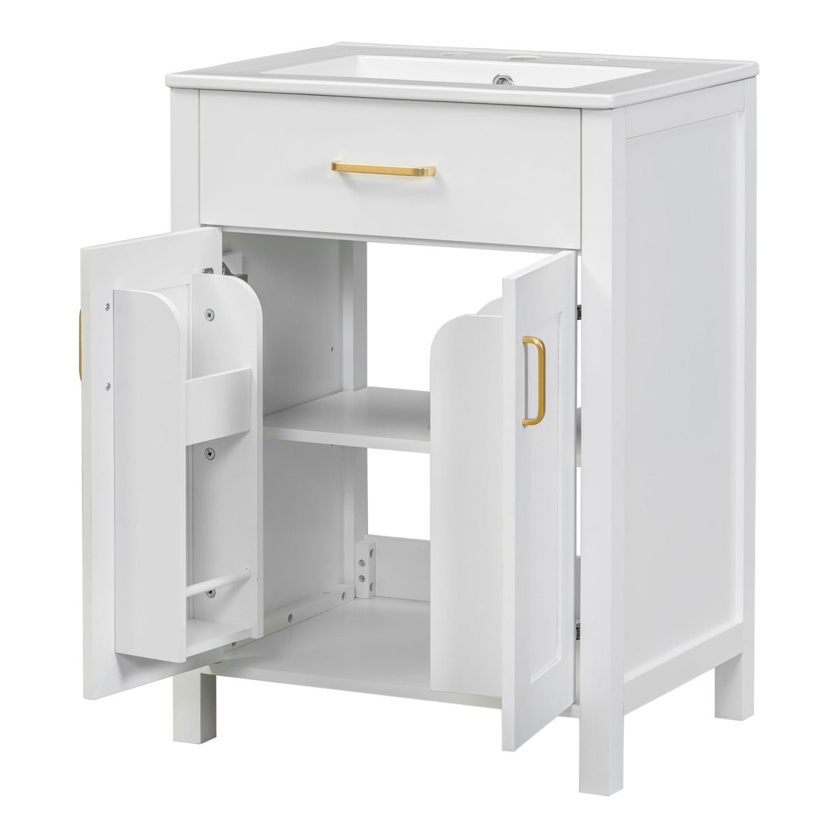 Modern white bathroom vanity with integrated sink and soft-close cabinet with gold hardware on Tampa Home & Garden Store