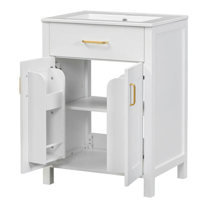 Modern white bathroom vanity with integrated sink and soft-close cabinet with gold hardware on Tampa Home & Garden Store