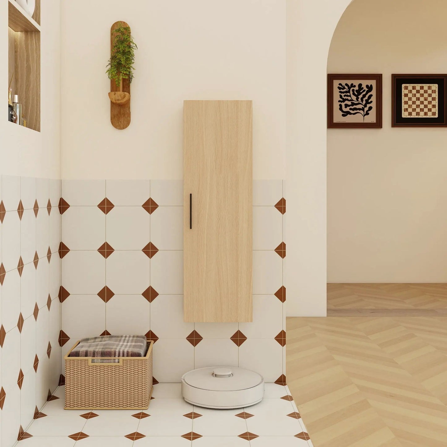 Tall oak floating bathroom cabinet with single door wall-mounted by Unique Piece Furniture on Tampa Home & Garden Store