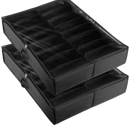 Sturdy under-bed shoe storage organizer set of 2 in black fabric with clear lids and dividers on Tampa Home & Garden Store