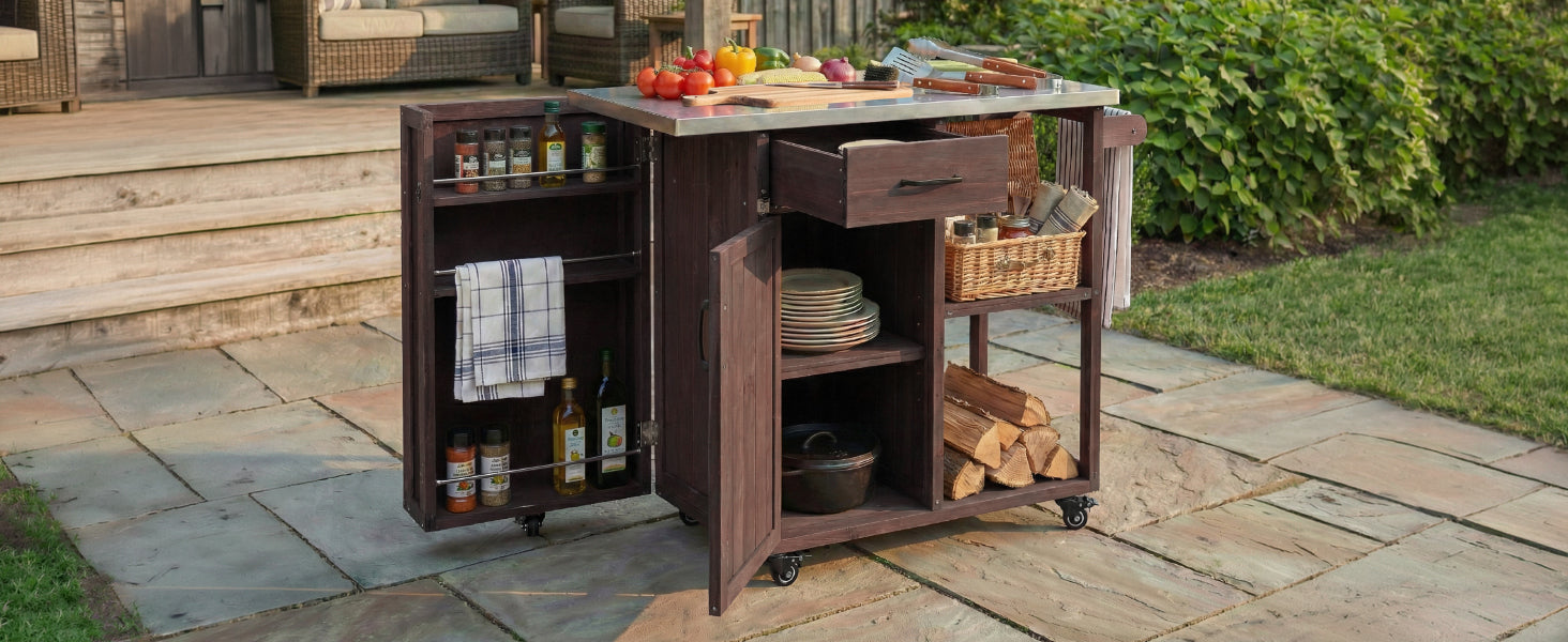 Outdoor Kitchen Island Fir Wood Prep Station by HouseOfZazla with metal top, drawers on Tampa Home & Garden Store